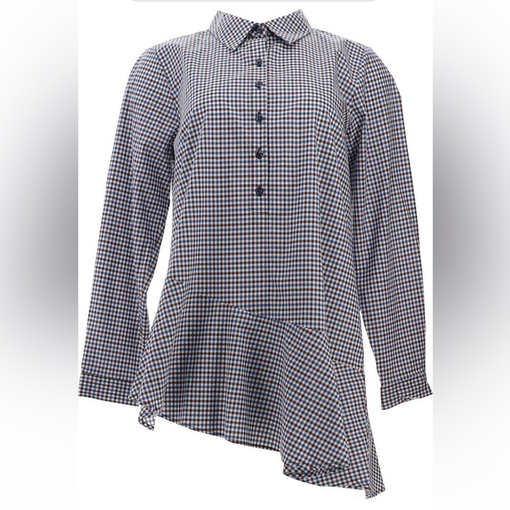 Joan Rivers Plaid Ruffle Button Front Tunic Asymmetric Hem Blouse Top
